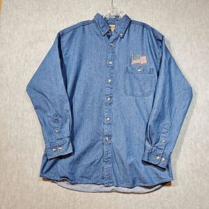 Vtg 1250 North Shirt Mens Large Blue Denim U.S. Army Amwrican Flag Button Down